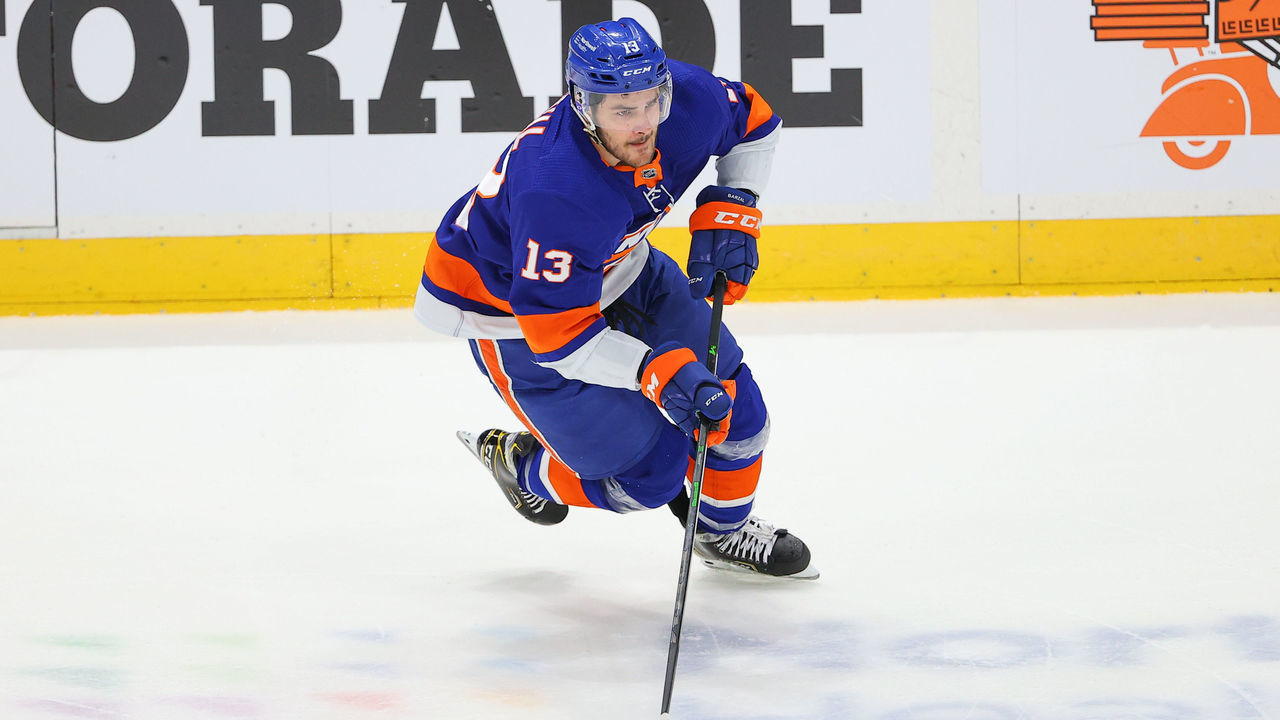 UNIONDALE, NY - JUNE 17: New York Islanders center Mathew Barzal (13) skates during the first period of the National Hockey League Stanley Cup Playoff Semifinal game between the New York Islanders and the Tampa Bay Lightning ijnJune 17,2021 at Nassau Veterans Memorial Coliseum in Uniondale,NY.