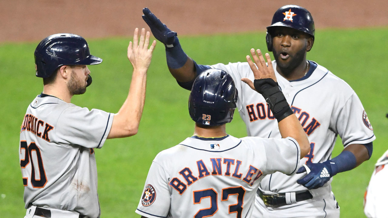 BALTIMORE, MD - JUNE 21: Yordan Alvarez #44 of the Houston Astros celebrates a two-run home run in the third inning with Chas McCormick #20 and Michael Brantley #23 during a game against the Baltimore Orioles at Oriole Park at Camden Yards on June 21, 2021 in Baltimore, Maryland.