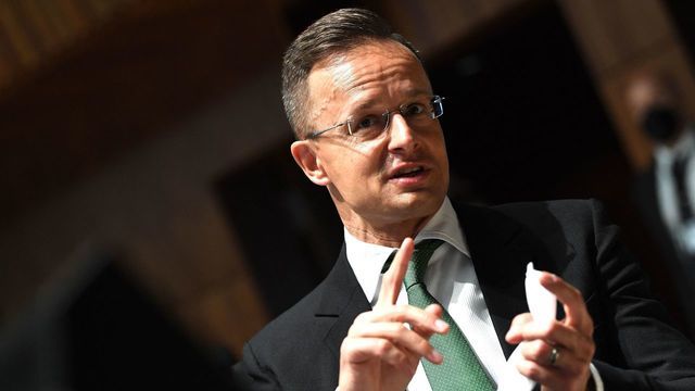 Hungary's Minister for External Economy and Foreign Affairs Peter Szijjarto gestures during a General Affairs meeting in Luxembourg on June 22, 2021.
