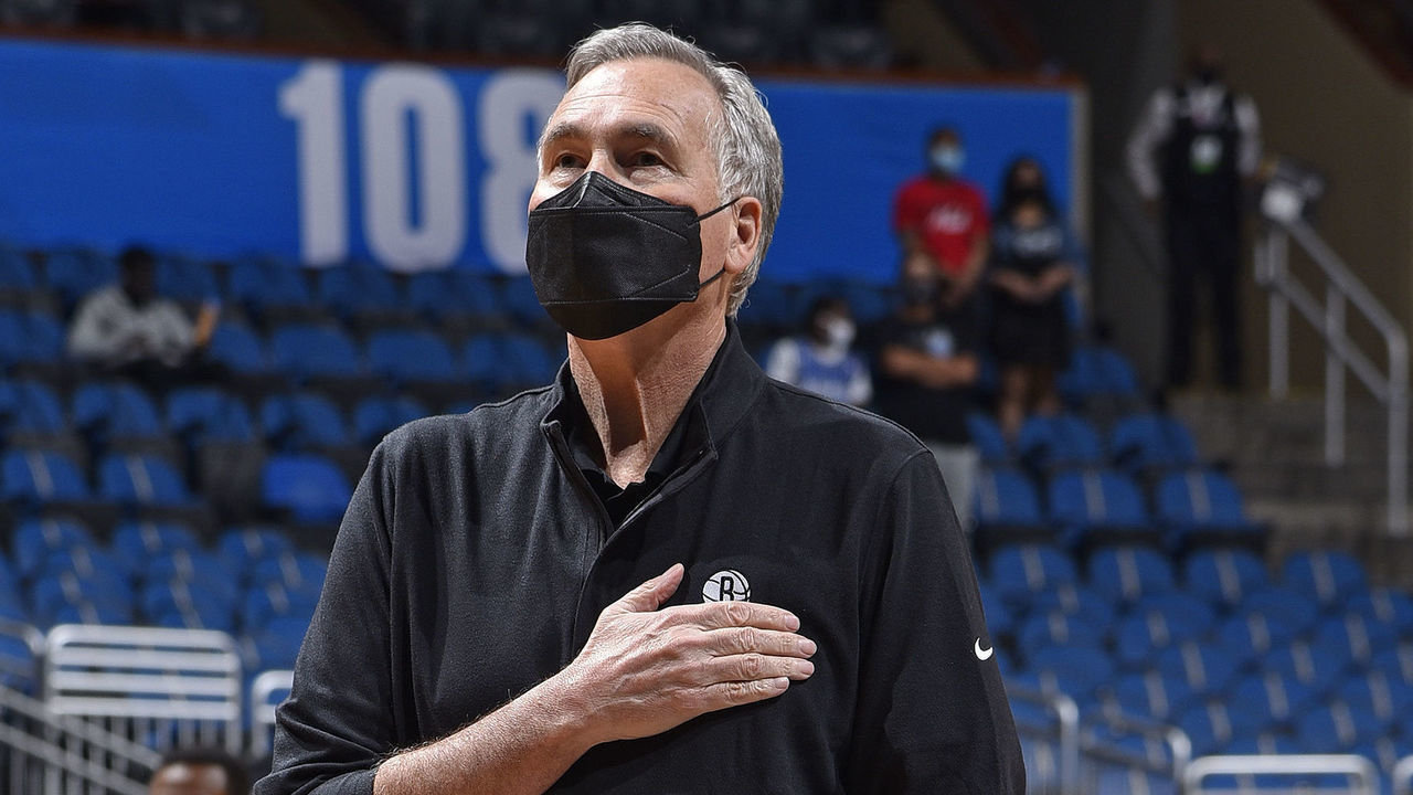 ORLANDO, FL - MARCH 19: Assistant Coach Mike DAntoni of the Brooklyn Nets listens to the national anthem before the game against the Orlando Magic on March 19, 2021 at Amway Center in Orlando, Florida. Mandatory Copyright Notice: Copyright 2021 NBAE