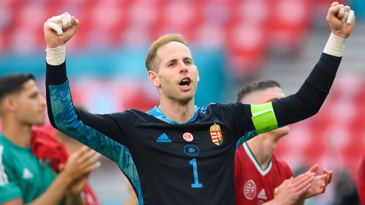 19 June 2021, Hungary, Budapest: Football: European Championship, Hungary - France, Preliminary Round, Group F, Matchday 2, at Puskás Arena. Hungary's goalkeeper Peter Gulacsi celebrates after the match. Photo: Robert Michael/dpa-Zentralbild/dpa