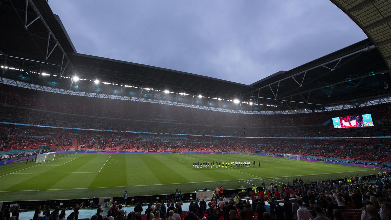 LONDON, ENGLAND - JUNE 18: A general view of Wembley Stadium as the players line up for the national anthems before the UEFA Euro 2020 Championship Group D match between England and Scotland at Wembley Stadium on June 18, 2021 in London, United Kingdom.