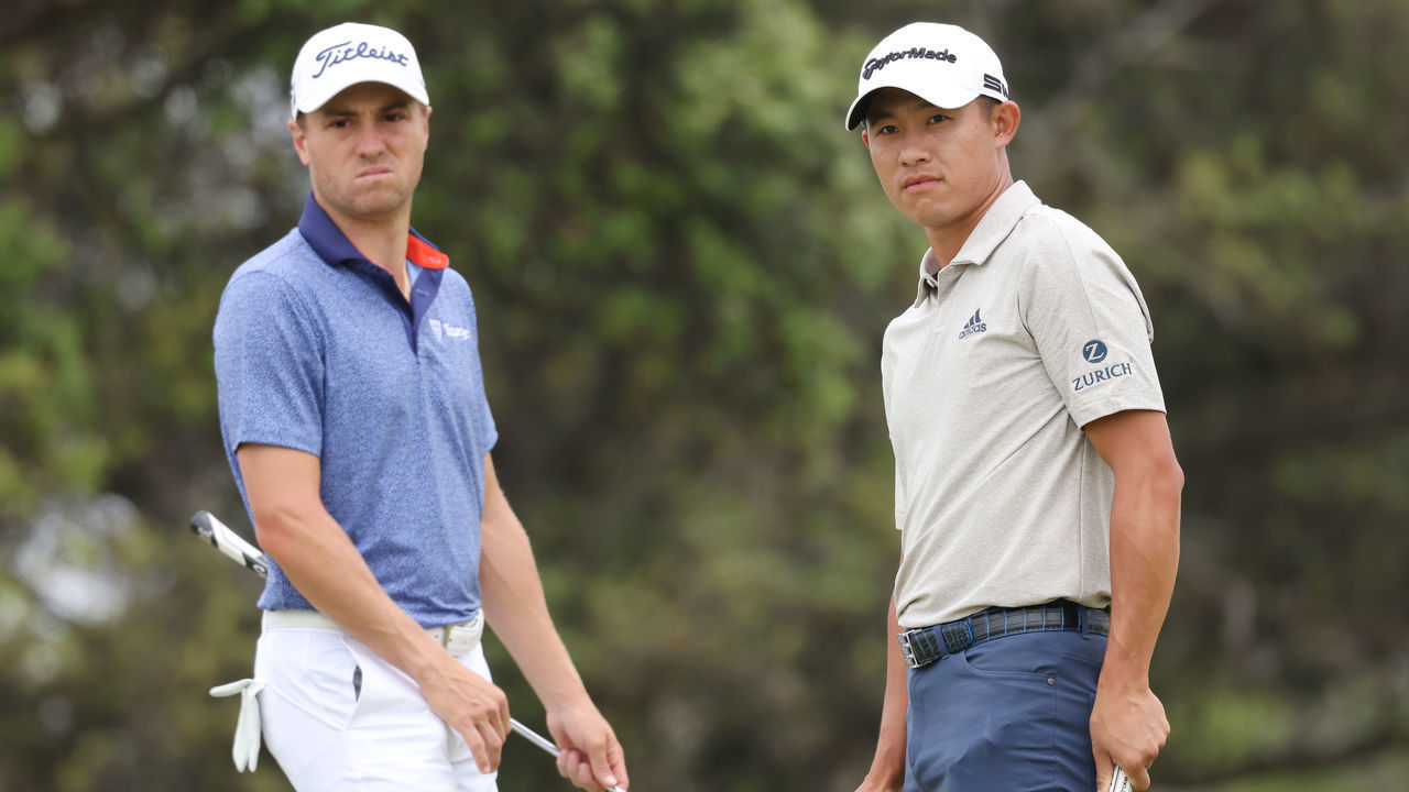 SAN DIEGO, CALIFORNIA - JUNE 19: (L-R) Justin Thomas of the United States and Collin Morikawa of the United States watch Morikawa's putt on the second green during the third round of the 2021 U.S. Open at Torrey Pines Golf Course (South Course) on June 19, 2021 in San Diego, California.