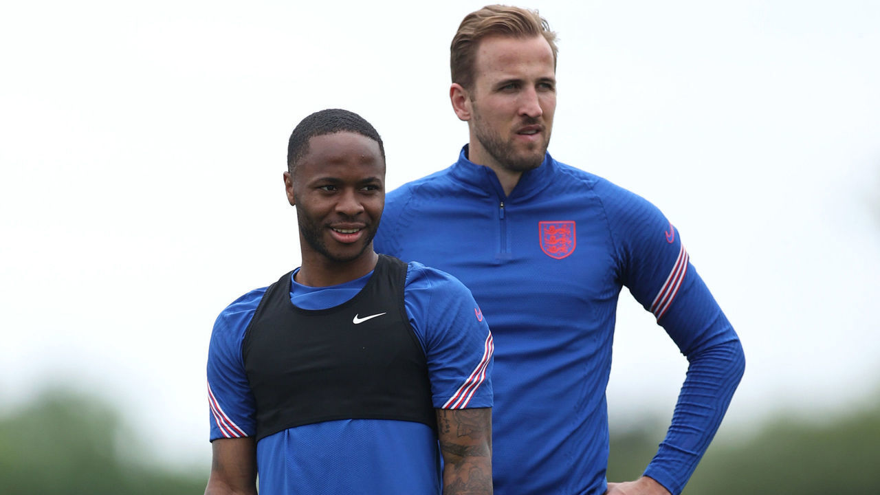 BURTON UPON TRENT, ENGLAND - JUNE 17: Raheem Sterling and Harry Kane of England look on during the England Training Session at St George's Park on June 17, 2021 in Burton upon Trent, England.