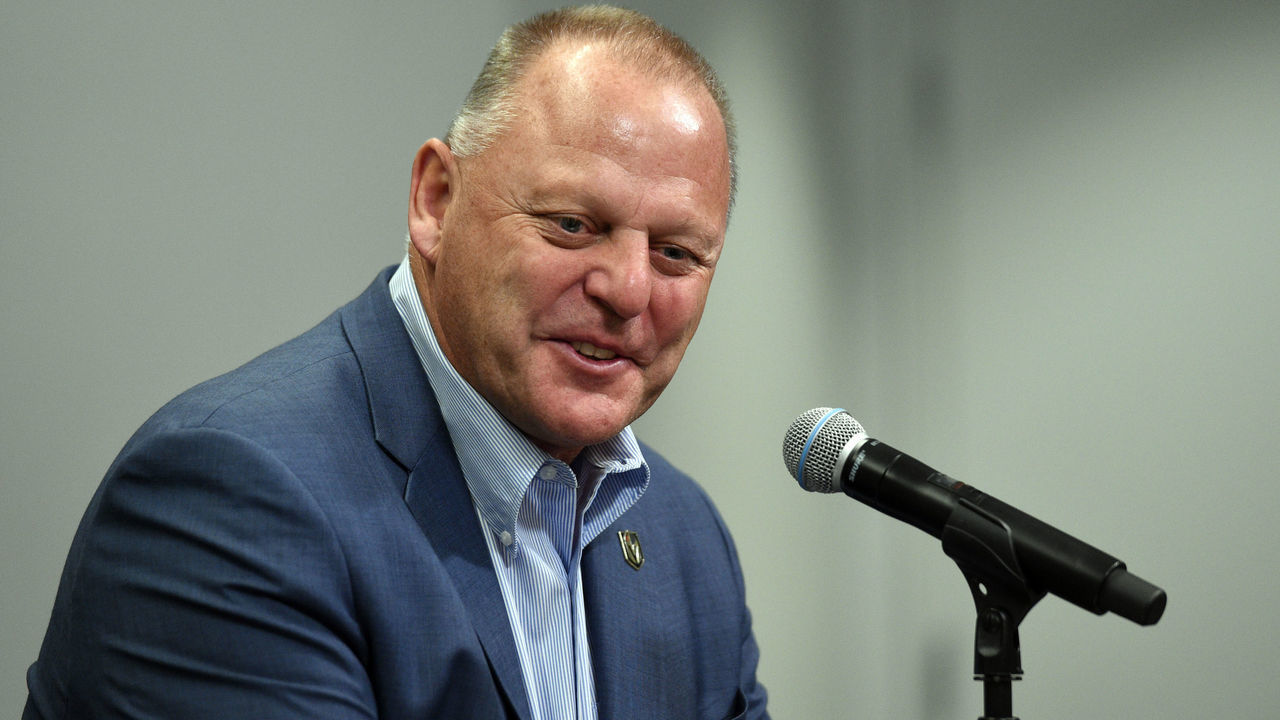 LAS VEGAS, NEVADA - SEPTEMBER 29: Vegas Golden Knights coach Gerard Gallant addresses the media after defeating the San Jose Sharks at T-Mobile Arena on September 29, 2019 in Las Vegas, Nevada.