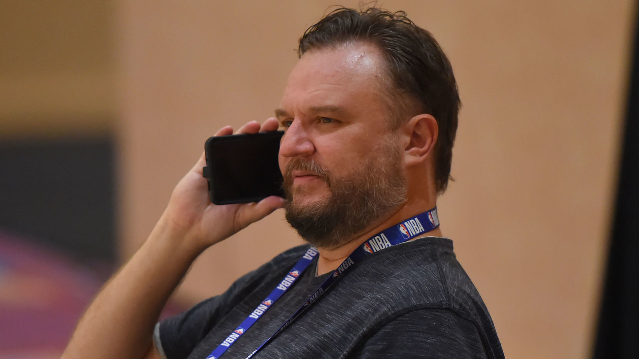 ORLANDO, FL - JULY 23: Daryl Morey, GM of the Houston Rockets, talks on the phone during practice as part of the NBA Restart 2020 on July 23, 2020 in Orlando, Florida. NOTE TO USER: User expressly acknowledges and agrees that, by downloading and/or using this photograph, user is consenting to the terms and conditions of the Getty Images License Agreement. Mandatory Copyright Notice: Copyright 2020 NBAE