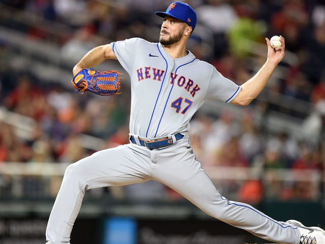 WASHINGTON, DC - JUNE 18: Joey Lucchesi #47 of the New York Mets pitches against the Washington Nationals at Nationals Park on June 18, 2021 in Washington, DC.