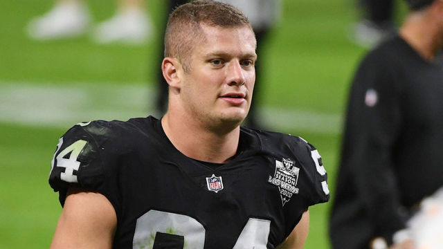 LAS VEGAS, NEVADA - NOVEMBER 15: Defensive end Carl Nassib #94 of the Las Vegas Raiders walks off the field after the Raiders defeated the Denver Broncos 37-12 at Allegiant Stadium on November 15, 2020 in Las Vegas, Nevada.