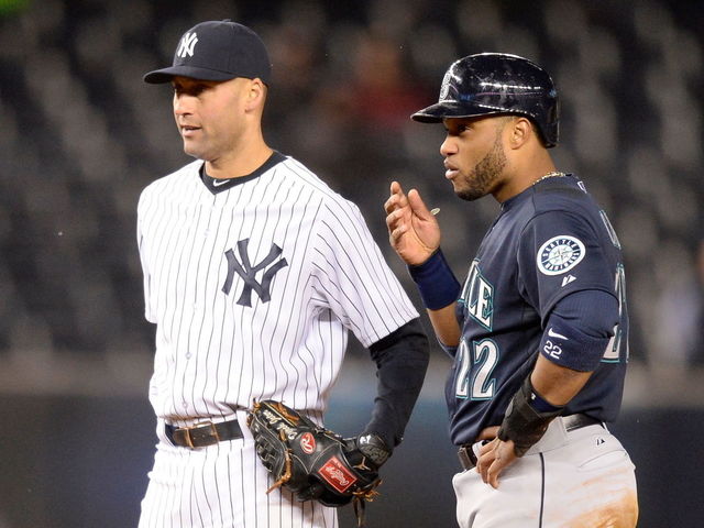 Derek Jeter plays with Robinson Cano's beard 