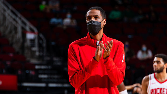 HOUSTON, TX - MARCH 14: Head Coach Stephen Silas of the Houston Rockets claps during the game against the Boston Celtics on March 14, 2021 at the Toyota Center in Houston, Texas. Mandatory Copyright Notice: Copyright 2021 NBAE