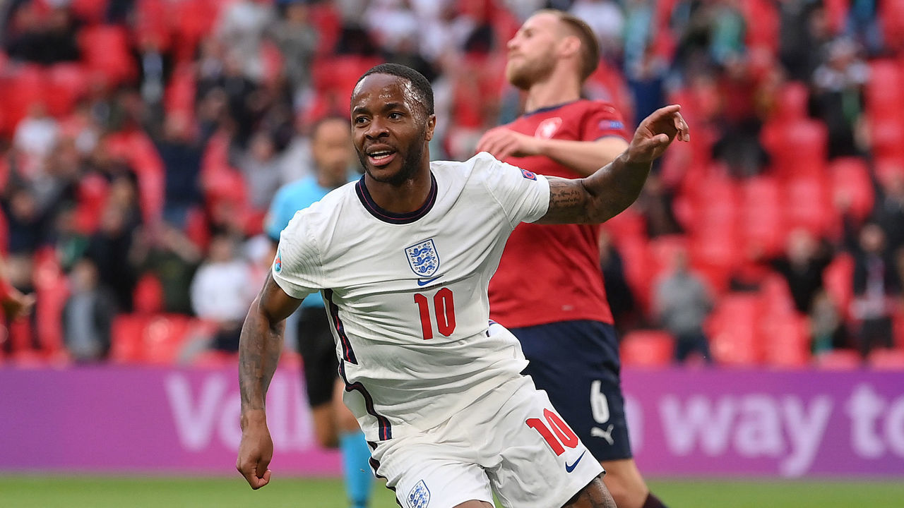 LONDON, ENGLAND - JUNE 22: Raheem Sterling of England celebrates after scoring their team's first goal during the UEFA Euro 2020 Championship Group D match between Czech Republic and England at Wembley Stadium on June 22, 2021 in London, England.