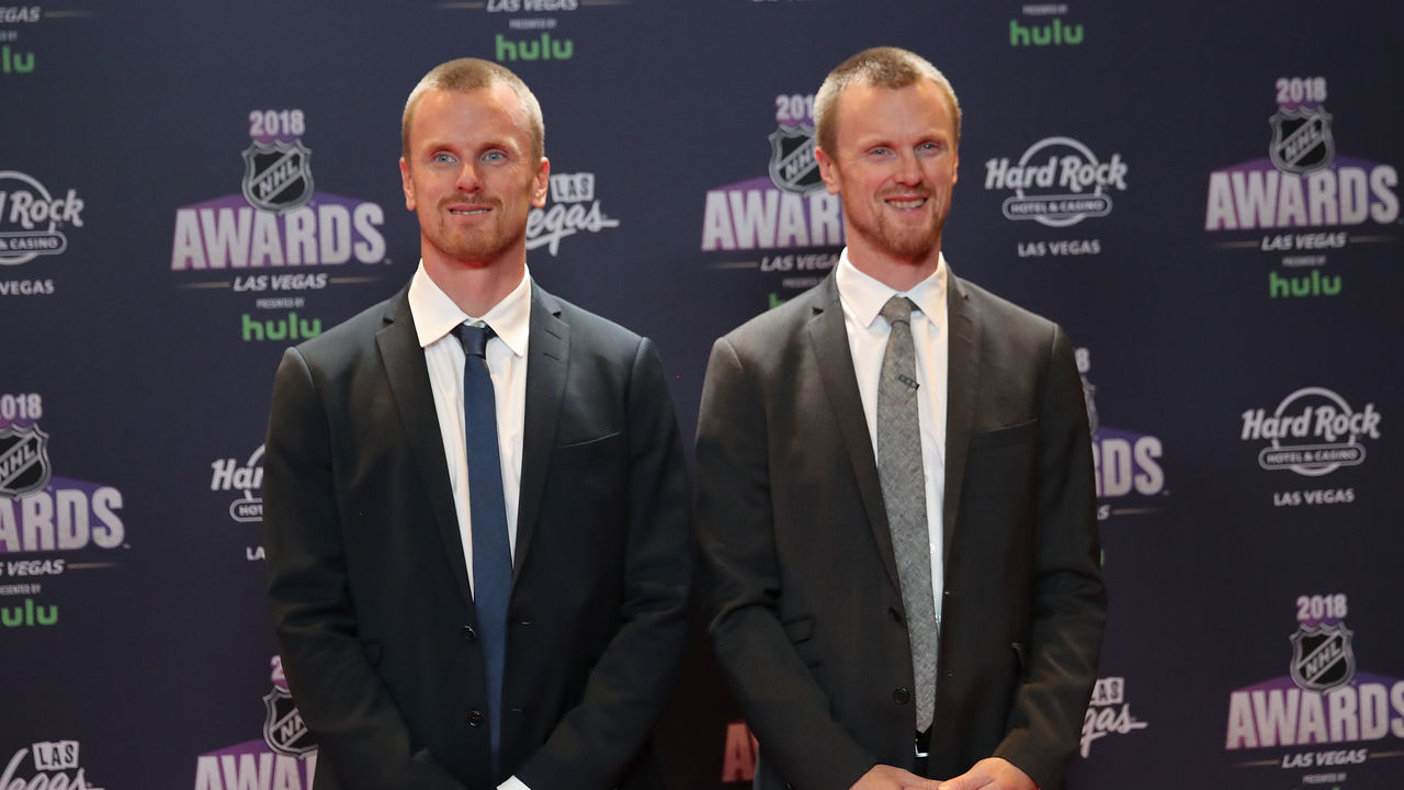 LAS VEGAS, NV - JUNE 20: Daniel and Henrik Sedin of the Vancouver Canucks arrive at the 2018 NHL Awards presented by Hulu at the Hard Rock Hotel & Casino on June 20, 2018 in Las Vegas, Nevada.