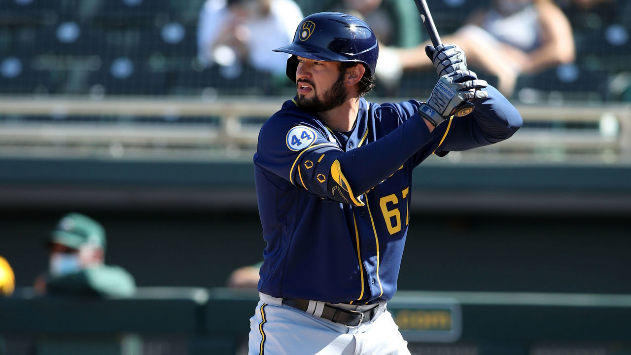 MESA, AZ - MARCH 10: Dylan Cozens #67 of the Milwaukee Brewers bats during the game against the Oakland Athletics at Hohokam Park on March 10, 2021 in Mesa, Arizona. The Athletics defeated the Brewers 9-1.