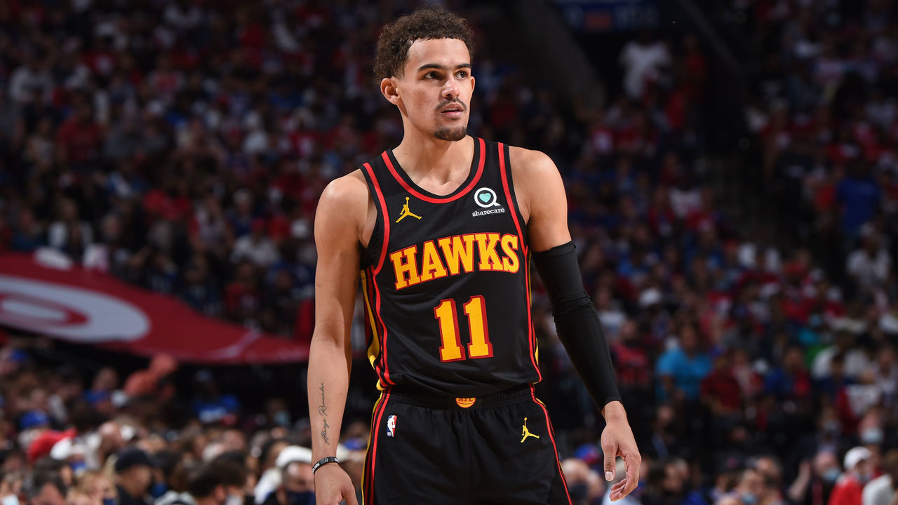 PHILADELPHIA, PA - JUNE 20: Trae Young #11 of the Atlanta Hawks looks on during Round 2, Game 7 of the Eastern Conference Playoffs on June 20, 2021 at Wells Fargo Center in Philadelphia, Pennsylvania. NOTE TO USER: User expressly acknowledges and agrees that, by downloading and/or using this Photograph, user is consenting to the terms and conditions of the Getty Images License Agreement. Mandatory Copyright Notice: Copyright 2021 NBAE
