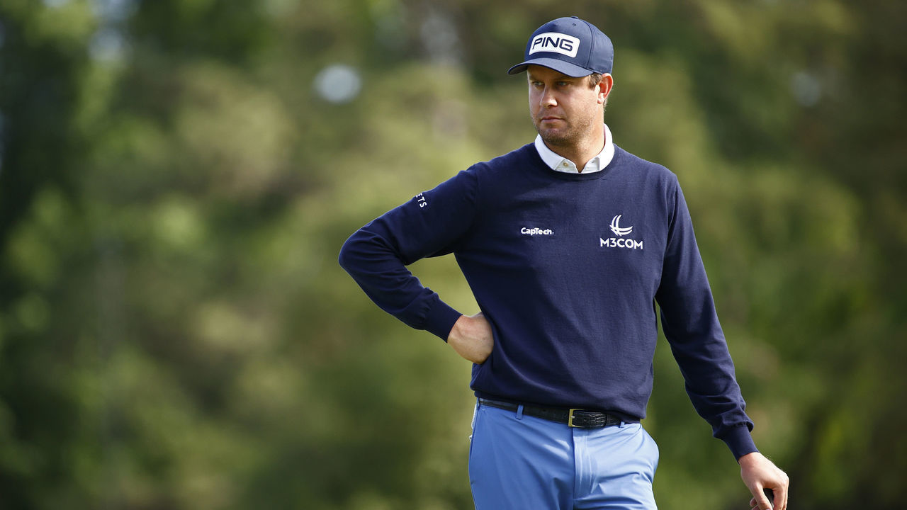 CHARLOTTE, NORTH CAROLINA - MAY 06: Harris English of the United States looks on from the fourth green during the first round of the 2021 Wells Fargo Championship at Quail Hollow Club on May 06, 2021 in Charlotte, North Carolina.