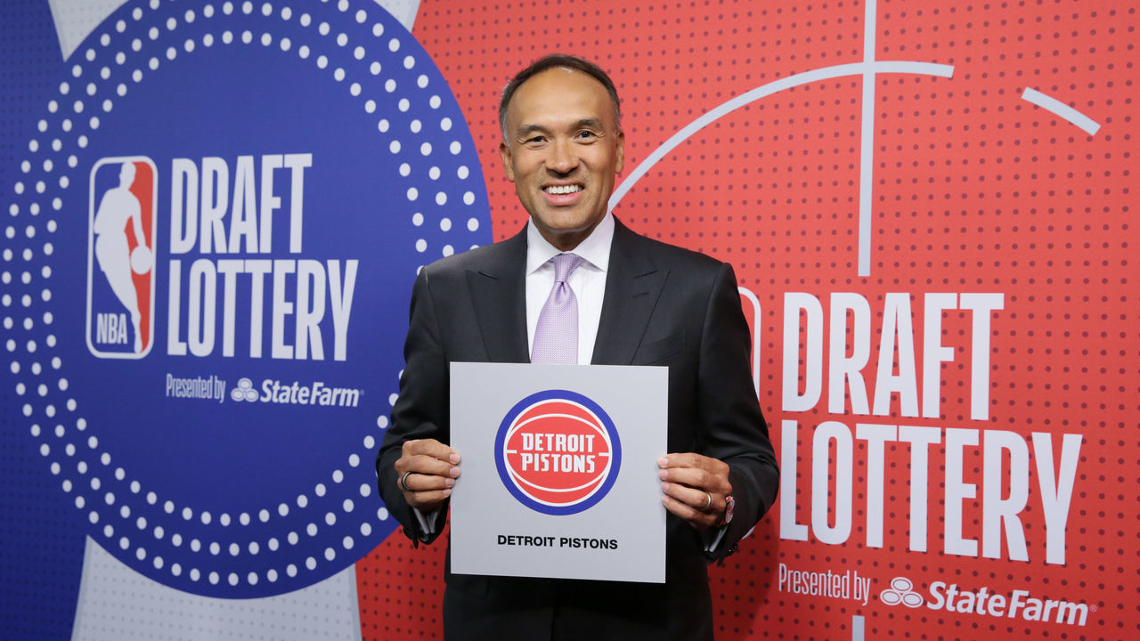 SECAUCUS, NJ - JUNE 22: Deputy Commissioner of the NBA, Mark Tatum holds up the card of the Detroit Pistons after they get the 1st overall pick in the NBA Draft during the 2021 NBA Draft Lottery on June 22, 2021 at the NBA Entertainment Studios in Secaucus, New Jersey. NOTE TO USER: User expressly acknowledges and agrees that, by downloading and/or using this photograph, user is consenting to the terms and conditions of the Getty Images License Agreement. Mandatory Copyright Notice: Copyright 2021 NBAE