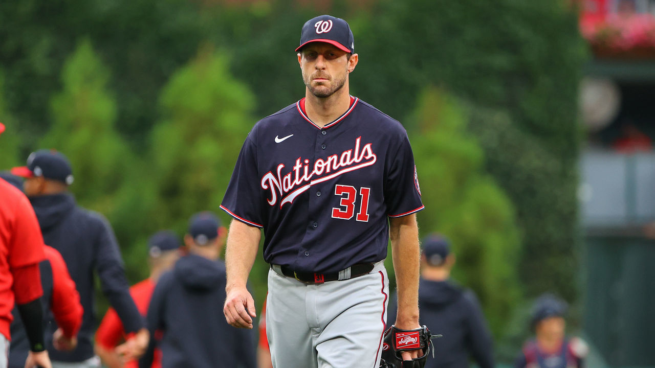 PHILADELPHIA, PA - JUNE 22: Washington Nationals pitcher Max Scherzer (31) walks in from the outfield prior to the Major League baseball game between the Philadelphia Phillies and the Washington Nationals on June 22, 2021 at Citizens Bank Park in Philadelphis, PA.