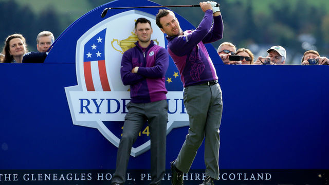 AUCHTERARDER, SCOTLAND - SEPTEMBER 24: Graeme McDowell of Europe tees off watched by Martin Kaymer during practice ahead of the 2014 Ryder Cup on the PGA Centenary course at the Gleneagles Hotel on September 24, 2014 in Auchterarder, Scotland.