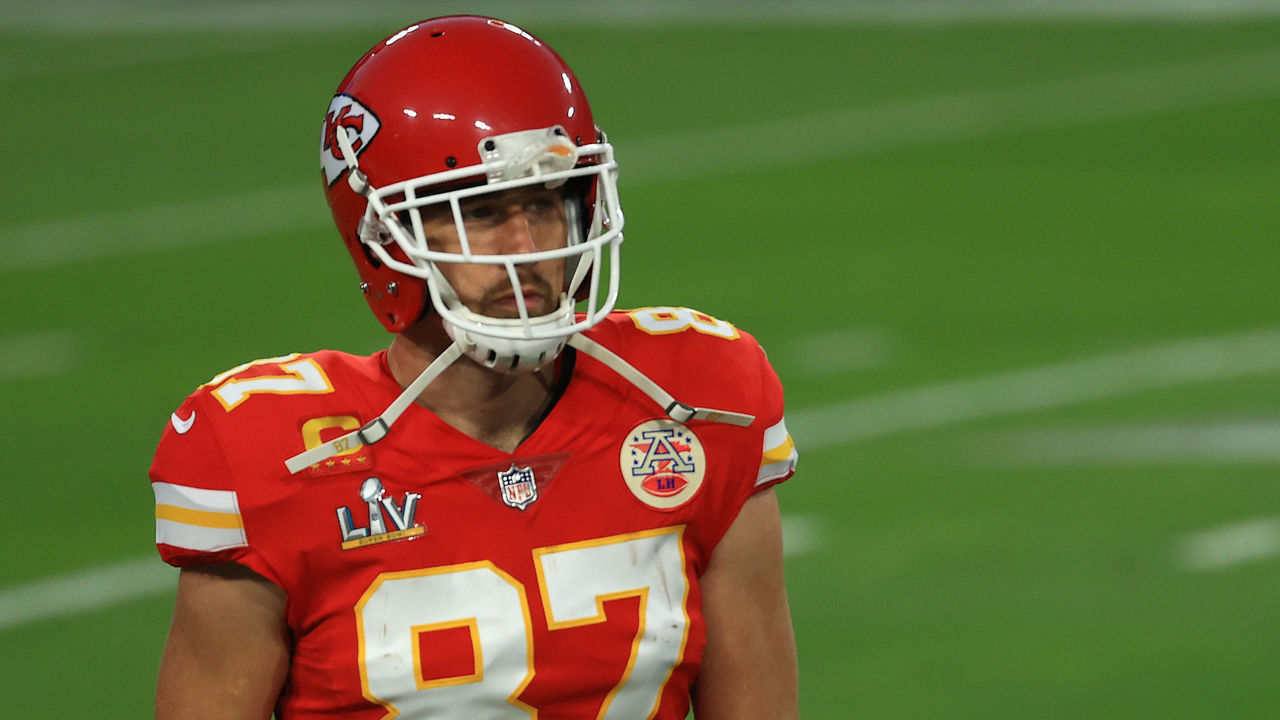 TAMPA, FLORIDA - FEBRUARY 07: Travis Kelce #87 of the Kansas City Chiefs looks on in Super Bowl LV against the Tampa Bay Buccaneers at Raymond James Stadium on February 07, 2021 in Tampa, Florida.