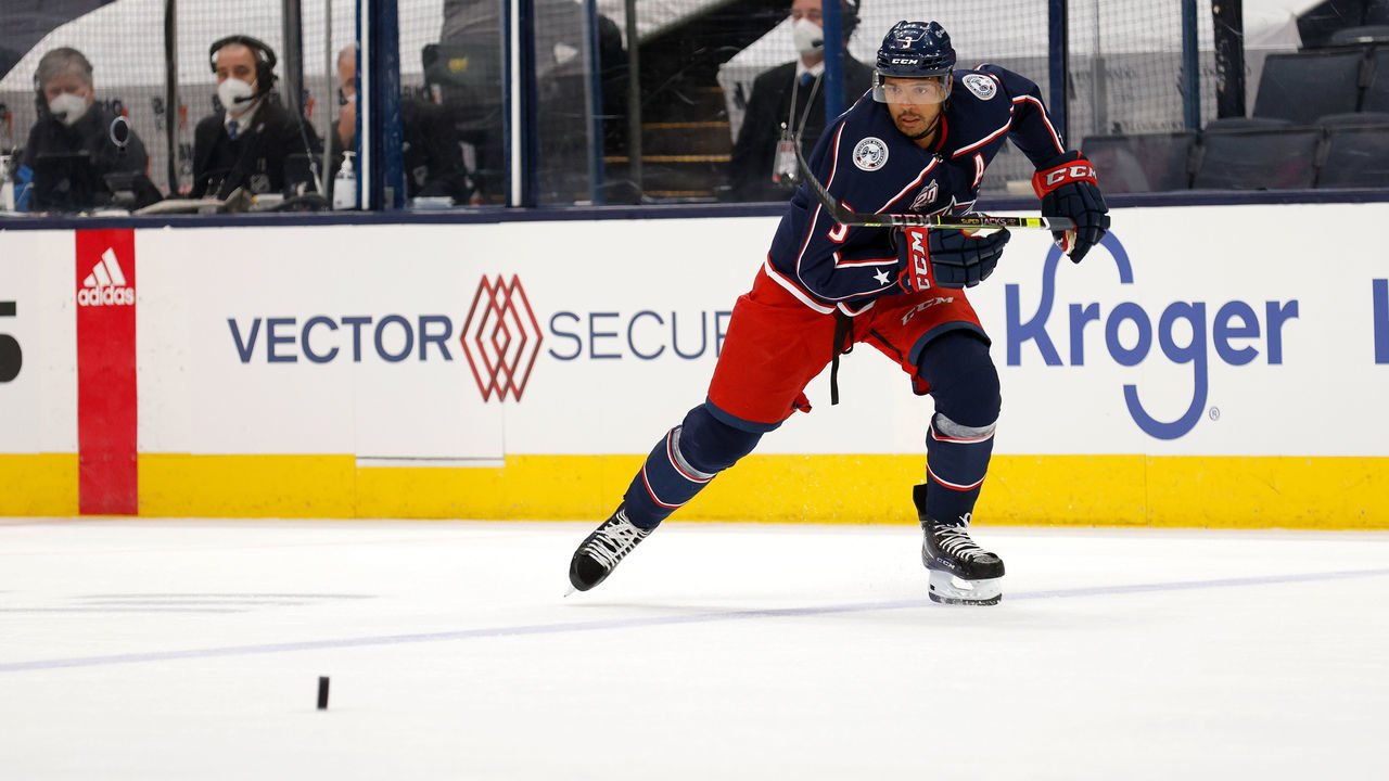 COLUMBUS, OH - APRIL 27: Seth Jones #3 of the Columbus Blue Jackets skates after the puck during the game against the Detroit Red Wings at Nationwide Arena on April 27, 2021 in Columbus, Ohio.