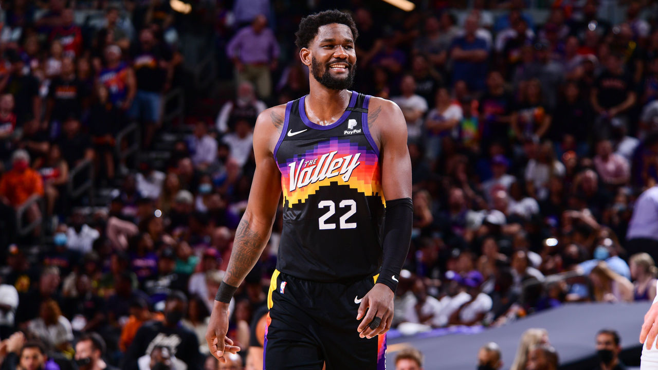 PHOENIX, AZ - JUNE 22: Deandre Ayton #22 of the Phoenix Suns smiles during the game against the LA Clippers during Game 2 of the Western Conference Finals of the 2021 NBA Playoffs on June 22, 2021 at Phoenix Suns Arena in Phoenix, Arizona. Mandatory Copyright Notice: Copyright 2021 NBAE