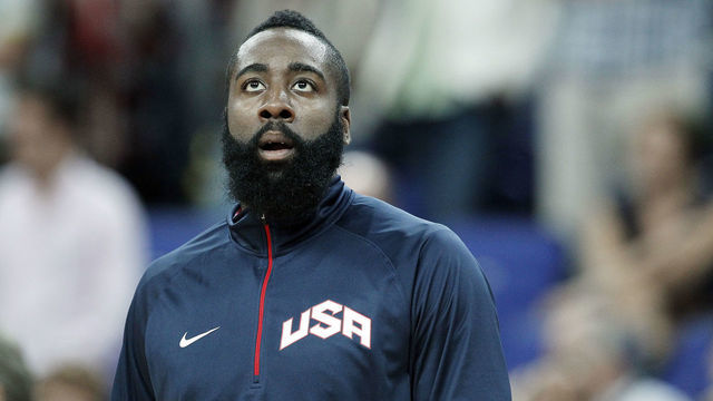LONDON, ENGLAND - AUGUST 10: James Harden #12 of the United States Men's National Team before the game against the Argentina Men's National Team during the Men's Basketball Semifinals of the London 2012 Olympic Games on August 10, 2012 at North Greenwich Arena in London, England. NOTE TO USER: User expressly acknowledges and agrees that, by downloading and/or using this photograph, user is consenting to the terms and conditions of the Getty Images License Agreement. Mandatory Copyright Notice: Copyright 2012 NBAE
