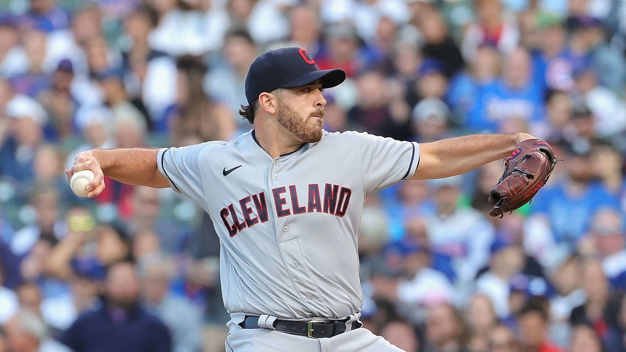 CHICAGO, ILLINOIS - JUNE 21: Starting pitcher Aaron Civale #43 of the Cleveland Indians delivers the ball against the Chicago Cubs at Wrigley Field on June 21, 2021 in Chicago, Illinois.