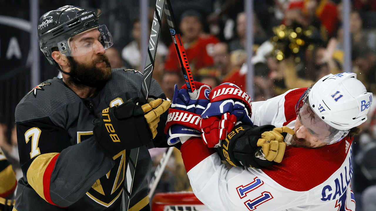 LAS VEGAS, NEVADA - JUNE 22: Alex Pietrangelo #7 of the Vegas Golden Knights and Brendan Gallagher #11 of the Montreal Canadiens scuffle during the first period in Game Five of the Stanley Cup Semifinals of the 2021 Stanley Cup Playoffs at T-Mobile Arena on June 22, 2021 in Las Vegas, Nevada.
