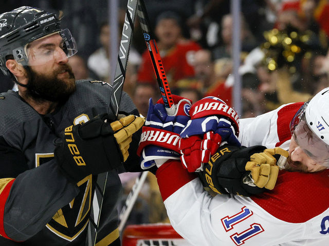 LAS VEGAS, NEVADA - JUNE 22: Alex Pietrangelo #7 of the Vegas Golden Knights and Brendan Gallagher #11 of the Montreal Canadiens scuffle during the first period in Game Five of the Stanley Cup Semifinals of the 2021 Stanley Cup Playoffs at T-Mobile Arena on June 22, 2021 in Las Vegas, Nevada.