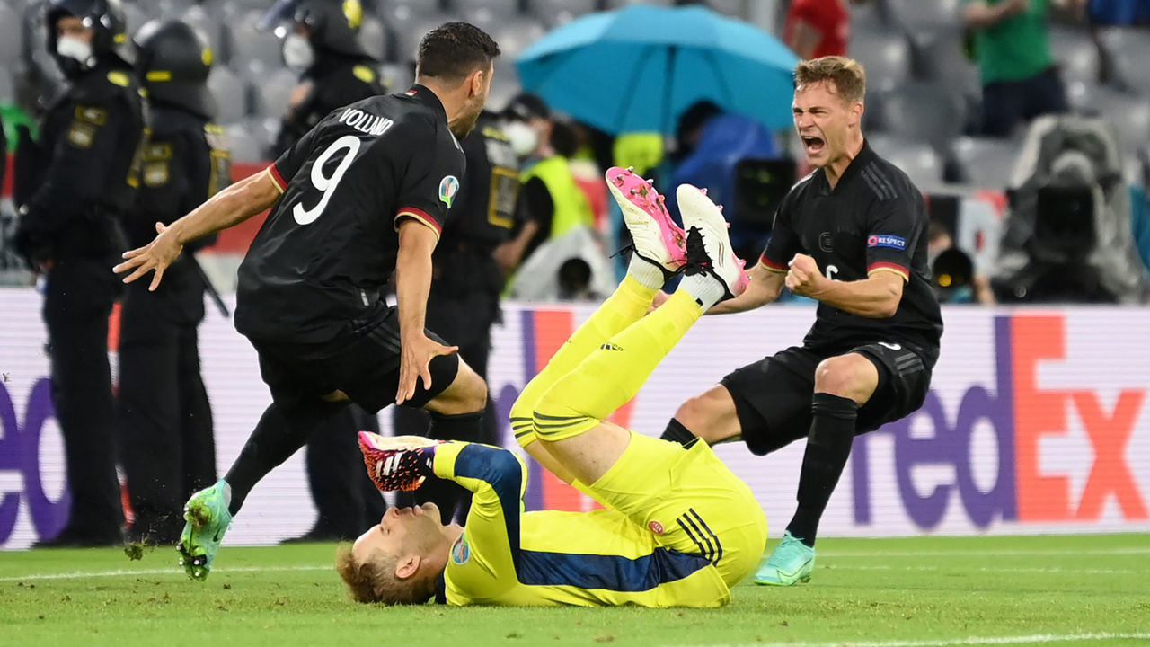 MUNICH, GERMANY - JUNE 23: Kevin Volland and Joshua Kimmich of Germany celebrate their side's second goal scored by team mate Leon Goretzka (not pictured) during the UEFA Euro 2020 Championship Group F match between Germany and Hungary at Allianz Arena on June 23, 2021 in Munich, Germany.