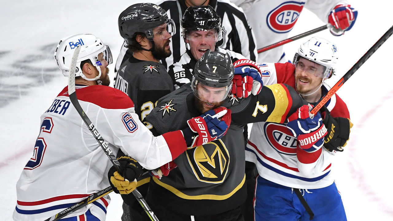 LAS VEGAS, NEVADA - JUNE 22: Alec Martinez #23 and Alex Pietrangelo #7 of the Vegas Golden Knights scuffle with Shea Weber #6 and Brendan Gallagher #11 of the Montreal Canadiens during the second period in Game Five of the Stanley Cup Semifinals of the 2021 Stanley Cup Playoffs at T-Mobile Arena on June 22, 2021 in Las Vegas, Nevada.