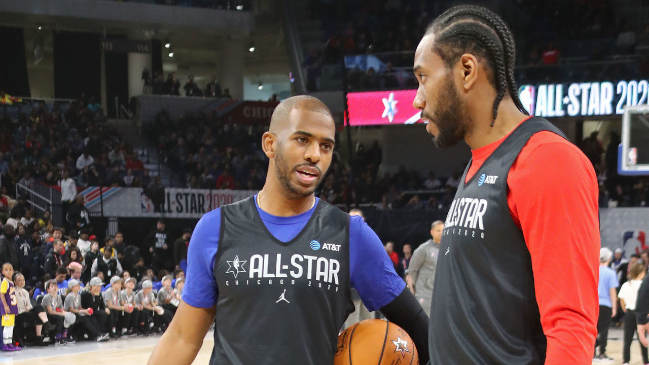 CHICAGO, IL - FEBRUARY 15: Chris Paul #3 and Kawhi Leonard #2 of Team LeBron talk during Practice and Media Availability presented by AT&T as part of 2020 NBA All-Star Weekend on February 15, 2020 at Wintrust Arena in Chicago, Illinois. NOTE TO USER: User expressly acknowledges and agrees that, by downloading and/or using this Photograph, user is consenting to the terms and conditions of the Getty Images License Agreement. Mandatory Copyright Notice: Copyright 2020 NBAE
