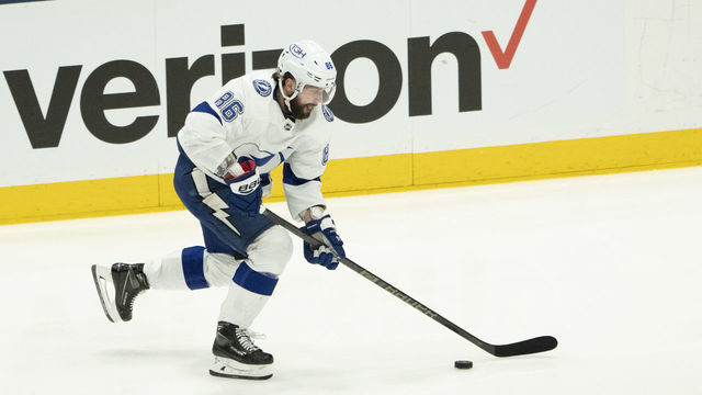 UNIONDALE, NY - JUNE 19: Tampa Bay Lightning Right Wing Nikita Kucherov (86) skates with the puck during the second period of the National Hockey League Stanley Cup Playoff Semifinal game between the Tampa Bay Lightning and the New York Islanders on June 19, 2021, at the Nassau Veterans Memorial Coliseum in Uniondale, NY.
