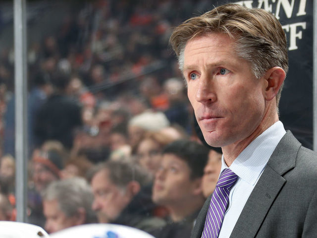 PHILADELPHIA, PA - DECEMBER 03: Assistant Coach of the Toronto Maple Leafs Dave Hakstol watches a play develop on the ice against the Philadelphia Flyers on December 3, 2019 at the Wells Fargo Center in Philadelphia, Pennsylvania.