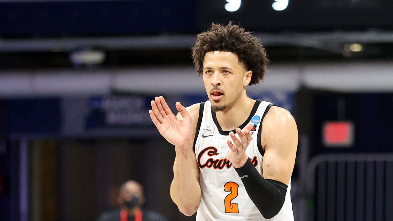 INDIANAPOLIS, INDIANA - MARCH 21: Cade Cunningham #2 of the Oklahoma State Cowboys reacts as they take on the Oregon State Beavers during the second half in the second round game of the 2021 NCAA Men's Basketball Tournament at Hinkle Fieldhouse on March 21, 2021 in Indianapolis, Indiana. The Oregon State Beavers won 80-70.