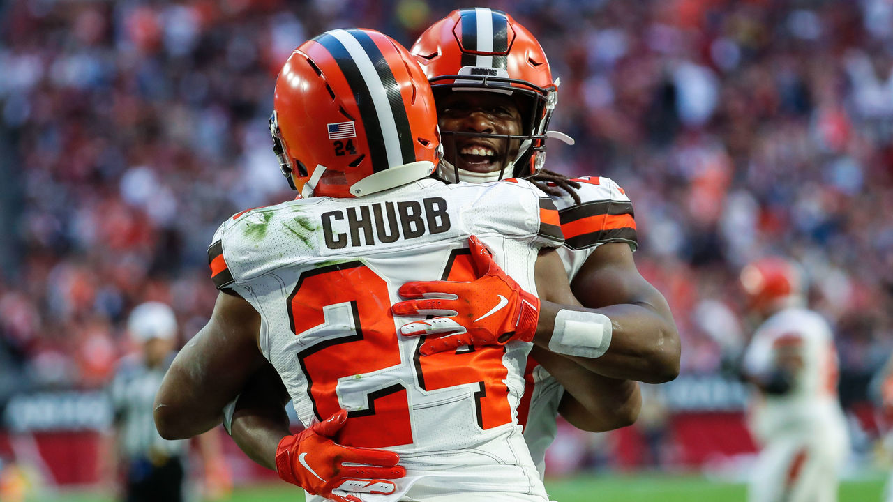 GLENDALE, AZ - DECEMBER 15: Cleveland Browns running back Nick Chubb (24) celebrates a touchdown with Cleveland Browns running back Kareem Hunt (27) during the NFL football game between the Cleveland Browns and the Arizona Cardinals on December 15, 2019 at State Farm Stadium in Glendale, Arizona.