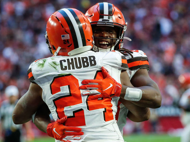 GLENDALE, AZ - DECEMBER 15: Cleveland Browns running back Nick Chubb (24) celebrates a touchdown with Cleveland Browns running back Kareem Hunt (27) during the NFL football game between the Cleveland Browns and the Arizona Cardinals on December 15, 2019 at State Farm Stadium in Glendale, Arizona.