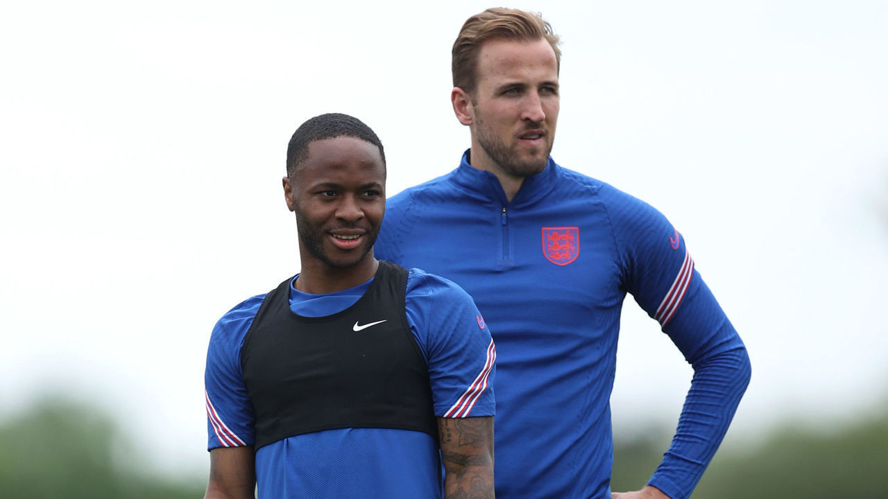 BURTON UPON TRENT, ENGLAND - JUNE 17: Raheem Sterling and Harry Kane of England look on during the England Training Session at St George's Park on June 17, 2021 in Burton upon Trent, England.
