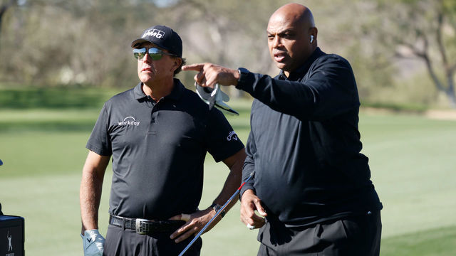 TUCSON, ARIZONA - NOVEMBER 27: Phil Mickelson and Charles Barkley talk during Capital One's The Match: Champions For Change at Stone Canyon Golf Club on November 27, 2020 in Oro Valley, Arizona.