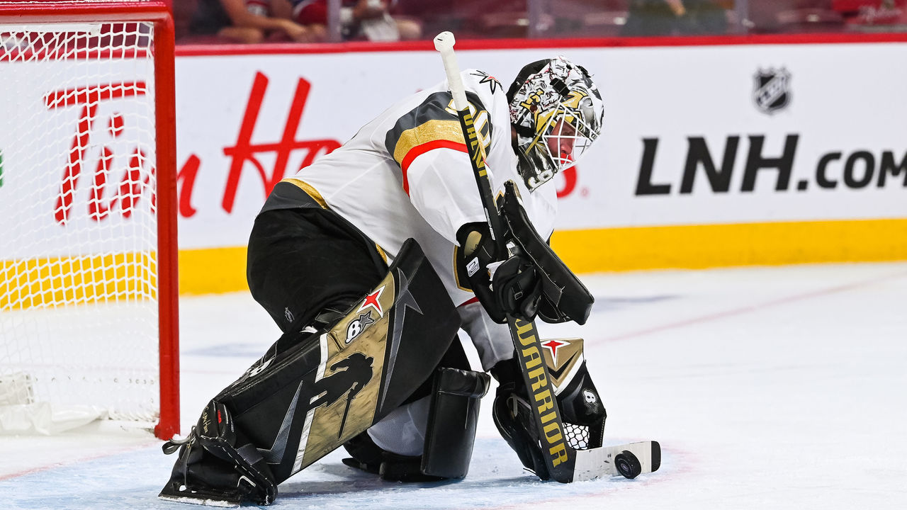 MONTREAL, QC - JUNE 20: Las Vegas Golden Knights goalie Robin Lehner (90) stops a slow moving puck during the NHL Stanley Cup Playoffs Semifinals game 4 between the Las Vegas Golden Knights versus the Montreal Canadiens on June 20, 2021, at Bell Centre in Montreal, QC