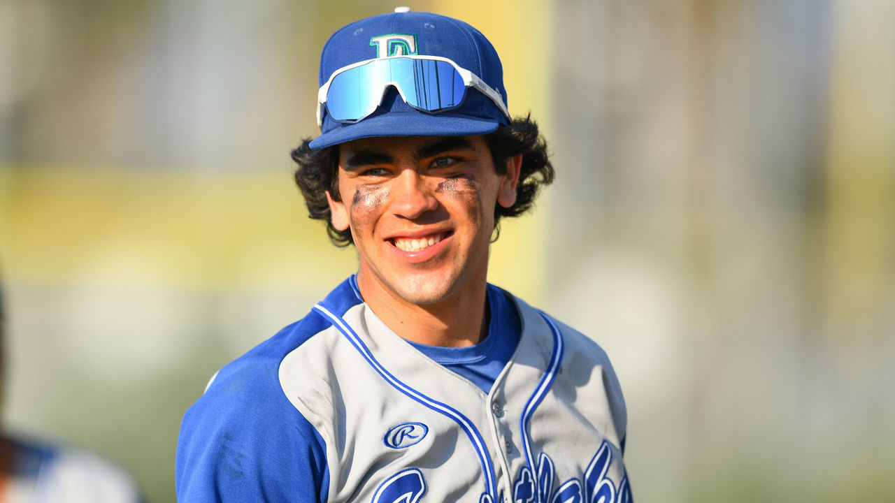 SAN MARCOS, CA - JUNE 17: Eastlake High shortstop Marcelo Mayer celebrates after a CIF playoff game between Eastlake High School and San Marcos High School on June 17, 2021 in San Marcos, CA.