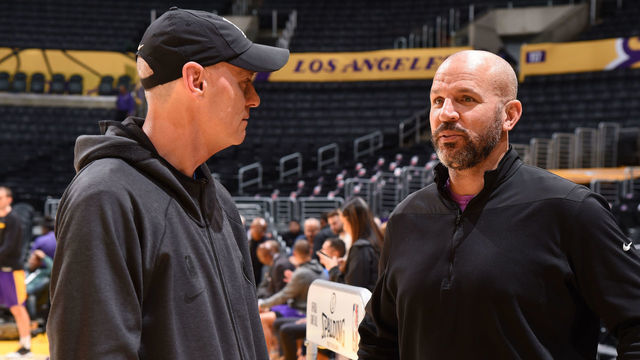 LOS ANGELES, CA - DECEMBER 29: Rick Carlisle of the Dallas Mavericks and Assistant Coach Jason Kidd talk before the game / on December 29, 2019 at STAPLES Center in Los Angeles, California. NOTE TO USER: User expressly acknowledges and agrees that, by downloading and/or using this Photograph, user is consenting to the terms and conditions of the Getty Images License Agreement. Mandatory Copyright Notice: Copyright 2019 NBAE