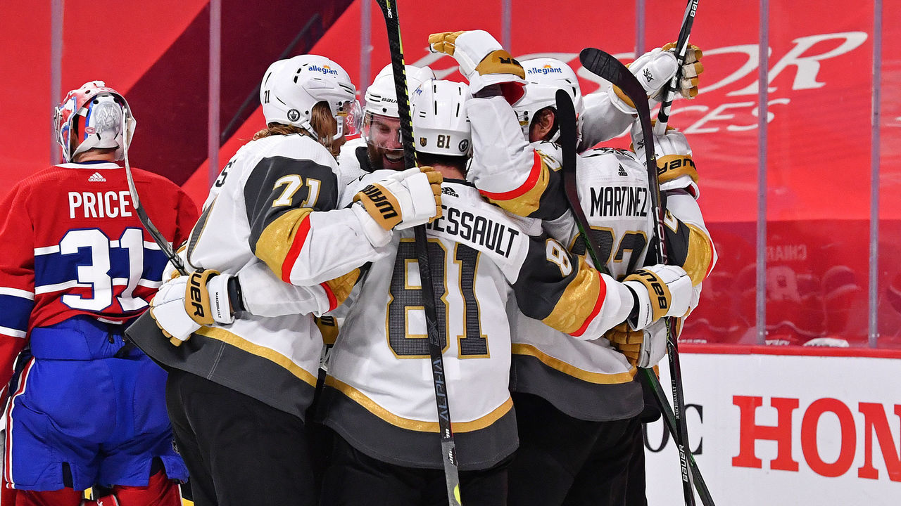 MONTREAL, QUEBEC - JUNE 24: Alec Martinez #23 of the Vegas Golden Knights is congratulated by his teammates after scoring a goal past Carey Price #31 of the Montreal Canadiens during the third period in Game Six of the Stanley Cup Semifinals of the 2021 Stanley Cup Playoffs at Bell Centre on June 24, 2021 in Montreal, Quebec.