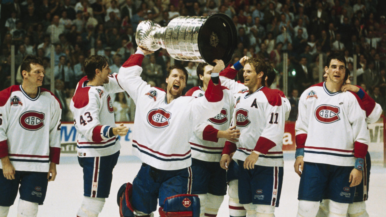 MONTREAL, CANADA - JUNE 7: Patrick Roy #33 of the Montreal Canadiens celebrates with the Stanley Cup after the Canadiens won Game 5 of the 1993 Stanley Cup Final over the Los Angeles Kings at the Montreal Forum on June 7, 1993 in Montreal, Quebec, Canada.