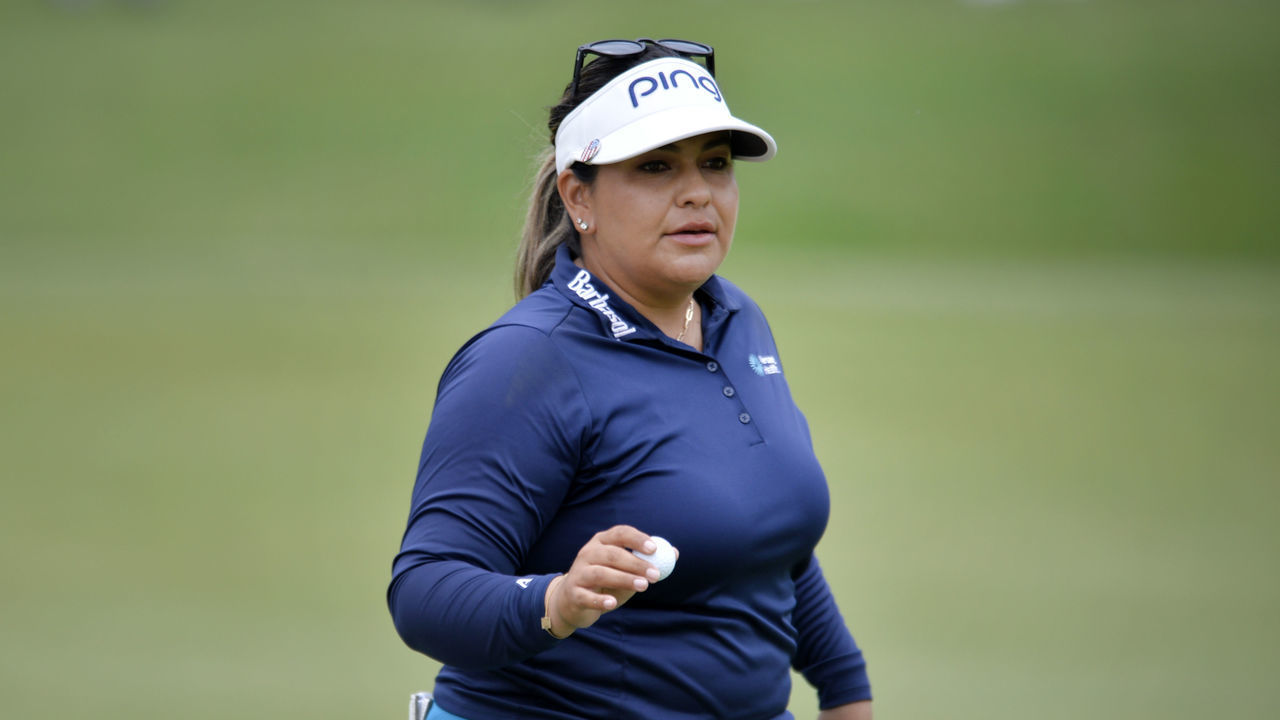 JOHNS CREEK, GEORGIA - JUNE 24: Lizette Salas reacts to her putt on the ninth green during the first round of the KPMG Women's PGA Championship at Atlanta Athletic Club on June 24, 2021 in Johns Creek, Georgia.