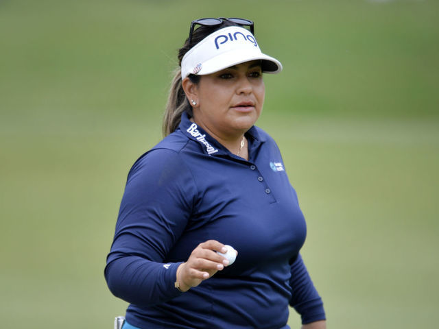 JOHNS CREEK, GEORGIA - JUNE 24: Lizette Salas reacts to her putt on the ninth green during the first round of the KPMG Women's PGA Championship at Atlanta Athletic Club on June 24, 2021 in Johns Creek, Georgia.