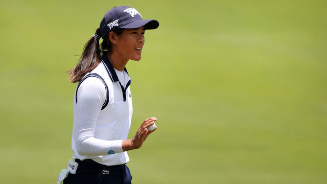 JOHNS CREEK, GEORGIA - JUNE 25: Celine Boutier of France reacts to her par putt on the ninth hole during the second round of the KPMG Women's PGA Championship at Atlanta Athletic Club on June 25, 2021 in Johns Creek, Georgia.