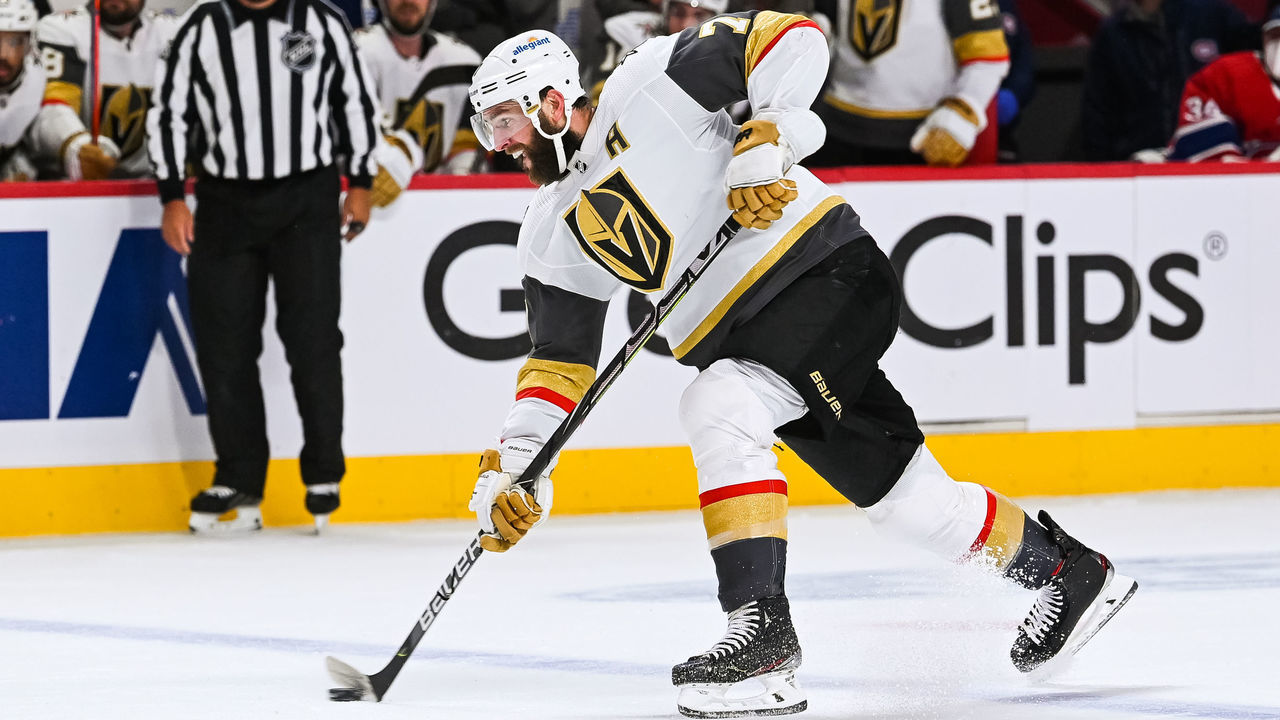 MONTREAL, QC - JUNE 24: Las Vegas Golden Knights defenceman Alex Pietrangelo (7) shoots the puck during the NHL Stanley Cup Playoffs Semifinals game 6 between the Las Vegas Golden Knights versus the Montreal Canadiens on June 24, 2021, at Bell Centre in Montreal, QC