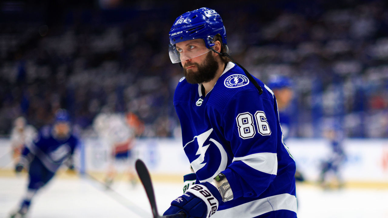 TAMPA, FLORIDA - JUNE 21: Nikita Kucherov #86 of the Tampa Bay Lightning warms up prior to Game Five of the Stanley Cup Semifinals during the 2021 Stanley Cup Playoffs against the New York Islanders at Amalie Arena on June 21, 2021 in Tampa, Florida.