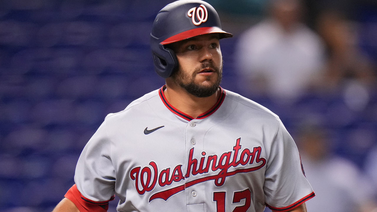 MIAMI, FLORIDA - JUNE 25: Kyle Schwarber #12 of the Washington Nationals runs the bases after hitting a solo home run in the third inning against the Miami Marlins at loanDepot park on June 25, 2021 in Miami, Florida.